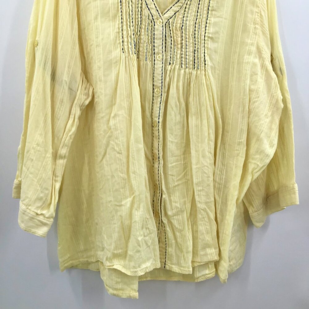Gauzy Lemon Yellow Boho Top 32W Cotton Jacquard Embroidered Roll Tab Semi-Sheer - Picture 6 of 15